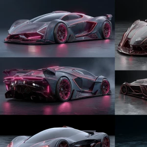 a futuristic hypercar with sharp aerodynamic fins,
carbon fiber...