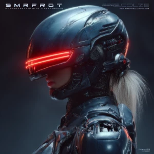 Smurfette "RoboCop-style armor" + "horizontal red LED visor":