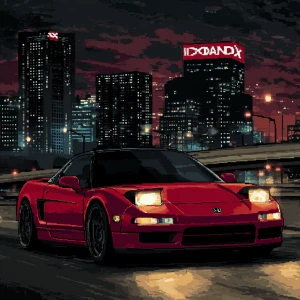 Generate a detailed image of a red 1999 Honda NSX cruising throu...