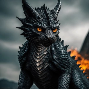Generate a formidable and imposing black dragon, inspired by the...