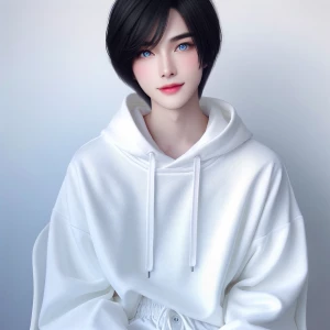 Create an image of a young, alluring femboy with shiny black hai...