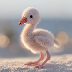 A newborn baby flamingo chick named Flan, soft pale-gray down wi...