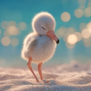 A few days old baby flamingo named Flan, with soft pale-gray chi...