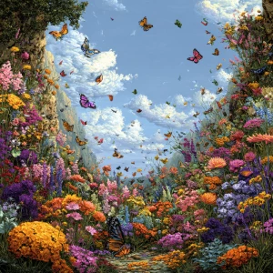 a flower garden full of butterflies"