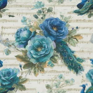 Edge-hugging bouquets of peacock-blue roses with peacock feather...