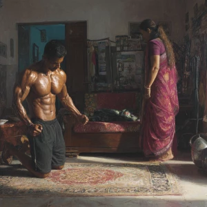 Hyperrealism painting  ,a indian  muscular beefy  sweaty man exe...