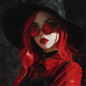 Create an image of a trendy and fashionable red witch with a uni...