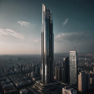 A pretty tall skyscraper that looks futuristic, like metallic, w...