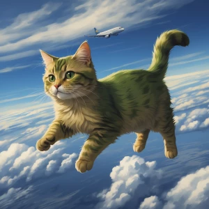 Flying green cat over airplane