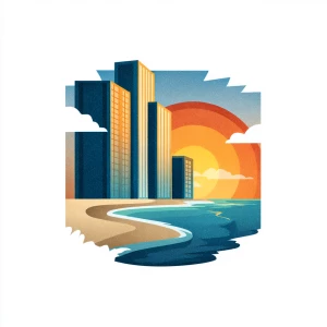 Create a square 1024x1024 3D logo: a beachfront condominium at s...