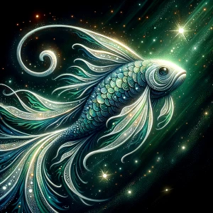 A luminescent lunar glitzy fishlike alien, its shimmering scales...