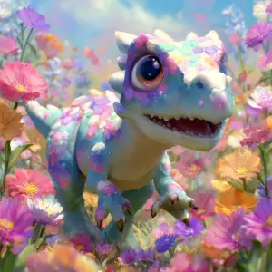 Generate an adorable dinosaur with pastel-colored scales, big sp...