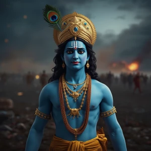 Hyper-realistic cinematic portrait of Lord Krishna with divine b...