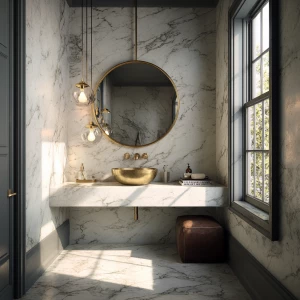Create an editorial-style, real photo featuring a small bathroom...