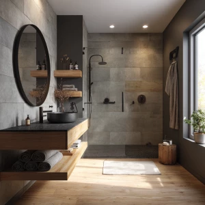 Create an ultra-realistic image of a modern common bathroom feat...