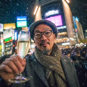 A stylish man standing amidst the electric energy of Tokyo's Shi...