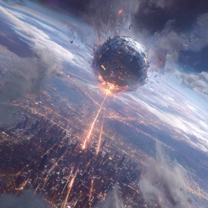 A massive, futuristic metallic sphere descends through Earth’s u...