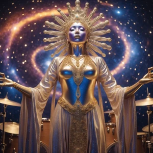 A shimmering cosmic deity, their metallic skin reflecting kaleid...