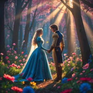"Aurora meeting Prince Phillip in magical forest, sunlight rays,...