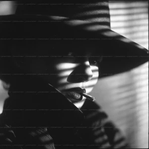 “Portrait noir of a mysterious woman, 1940s film noir style; tig...