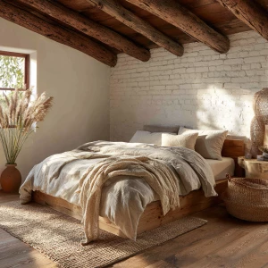 High-resolution photograph of a natural textures bedroom, full-r...