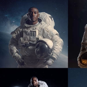 Astronaut standing confidently in a shining white spacesuit, hel...