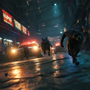 Humanoid gangster cats sprinting through a neon-lit alley at nig...