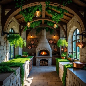 In an open-plan stone kitchen, the walls are carved with broad a...