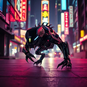 In the shadows of a neon-lit cityscape, a retro-futuristic illus...