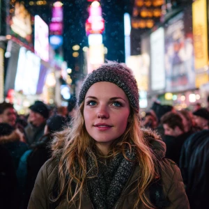 A young woman, gazing directly into the camera,  welcoming the N...