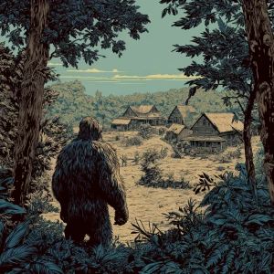 A humanoid looking haircovered manlike sasquatch stares at a Ind...