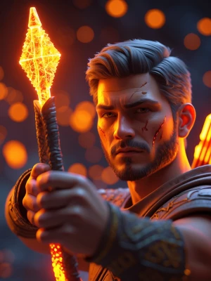 Close-up cinematic shot of Steve holding an enchanted bow with g...