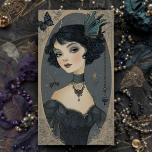 Edwardian fae journal card — black butterflies, astrolabes, hang...
