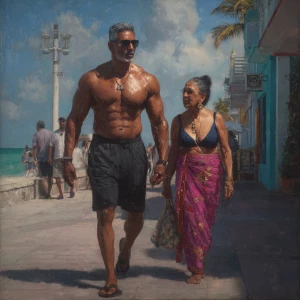 Hyperrealism,oil painting.a muscular sweaty indian man, walking...