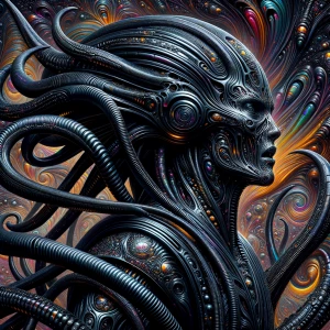 Create a stunning piece of fan art depicting an alien that bears...