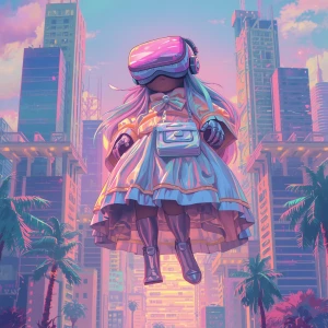 Draped in shimmering holographic fabrics and adorned with neon p...