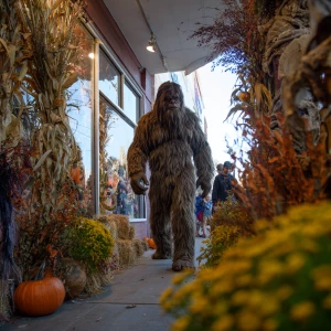 Show a humanoid looking haircovered  Sasquatch walking through a...