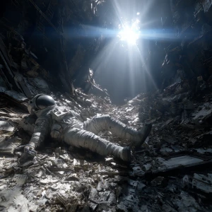 The abandoned body of an astronaut, his spacesuit torn and his m...