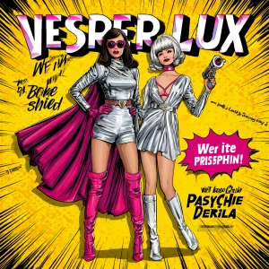 Retro pop-art comic book cover, bold yellow burst background wit...