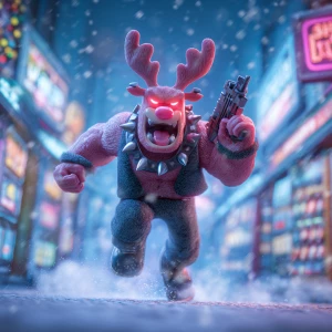 Gangster Rudolph with glowing red nose like a warning siren, spi...