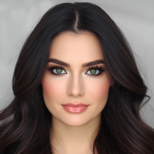 The person in the image is a woman with fair skin and a symmetri...