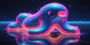 A pulsating, luminous retro-futuristic amoeba blob creature, its...