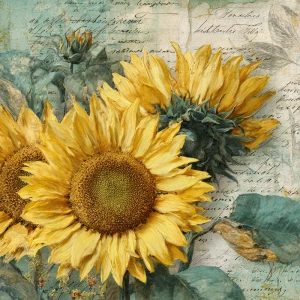 Sunflower junk journal page, vintage botanical collage, large go...