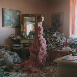 a girl wearing a couture dress but in a home setting with a mess...