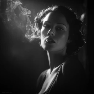 A femme fatale portrait in classic noir style, black and white,...