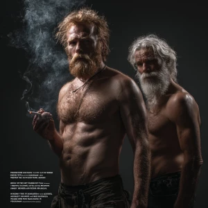 “A scene featuring two muscular, men. The first man has a full r...