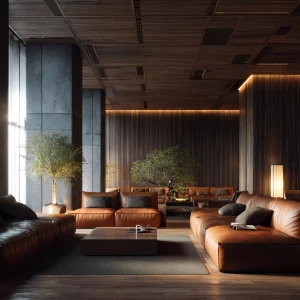 Design a luxurious modern lounge interior with ten plush leather...