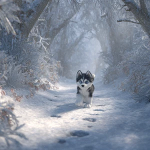 Use the snow-frosted forest path scene as the environment: tunne...
