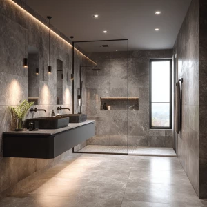 Generate a realistic image of a spacious and luxurious grey marb...