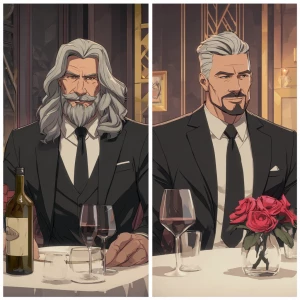 Make two bodybuilder men both gray hair one with long wavy hair...